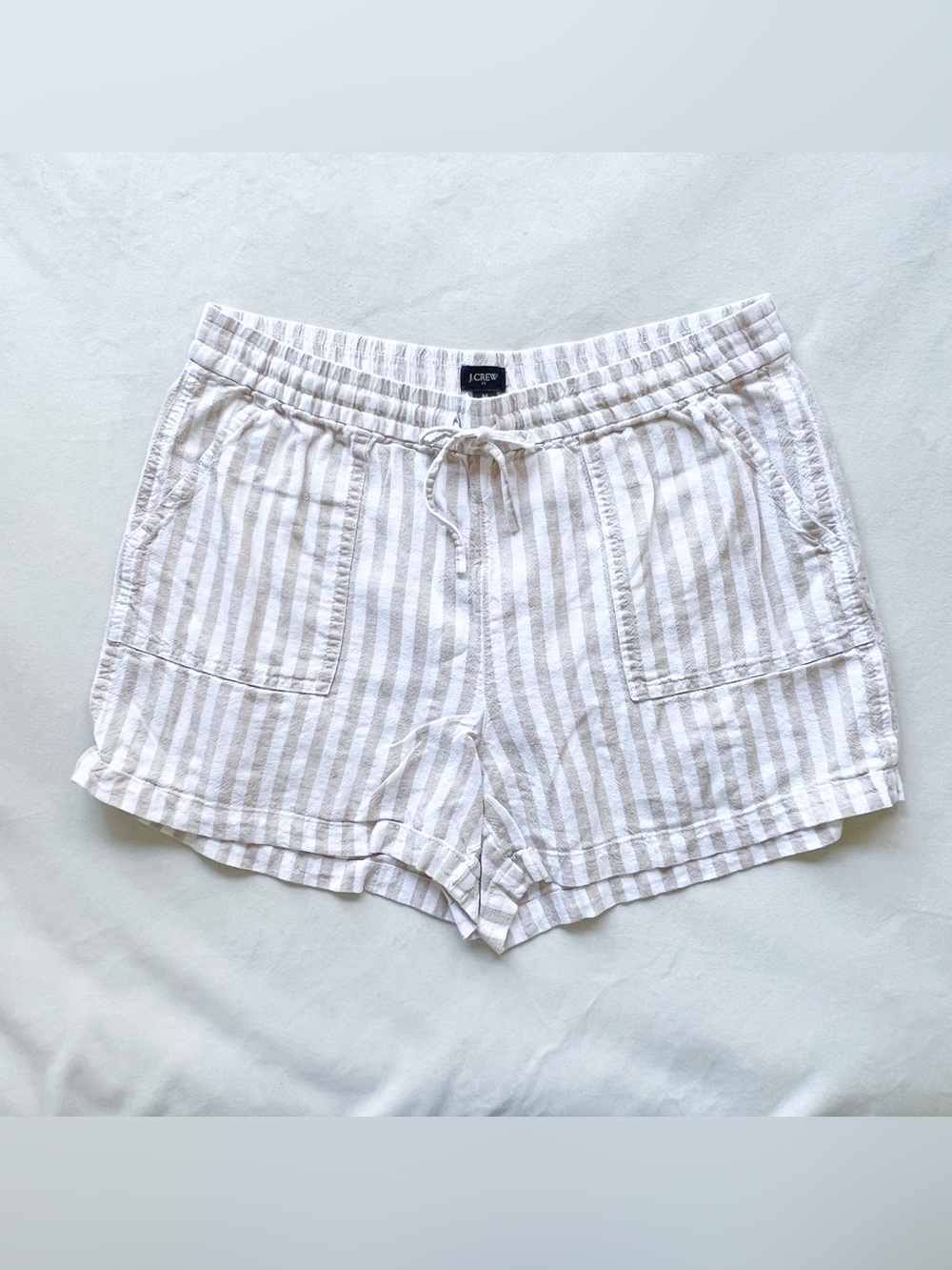 J. Crew Striped Linen-Blend Drawstring Women's Shorts - White & Taupe Stripe M